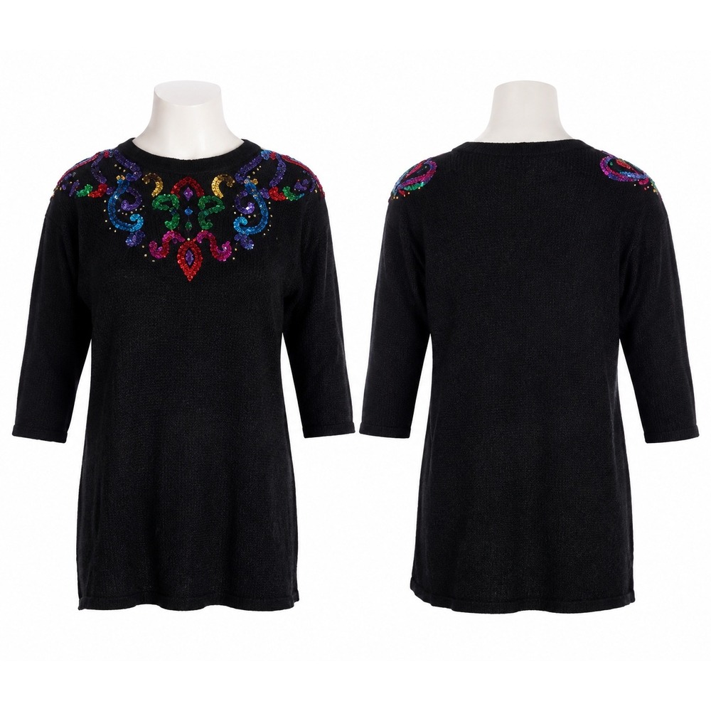Vintage 1992 Claudia D Sequin Beaded Black Tunic Sweater Womens L